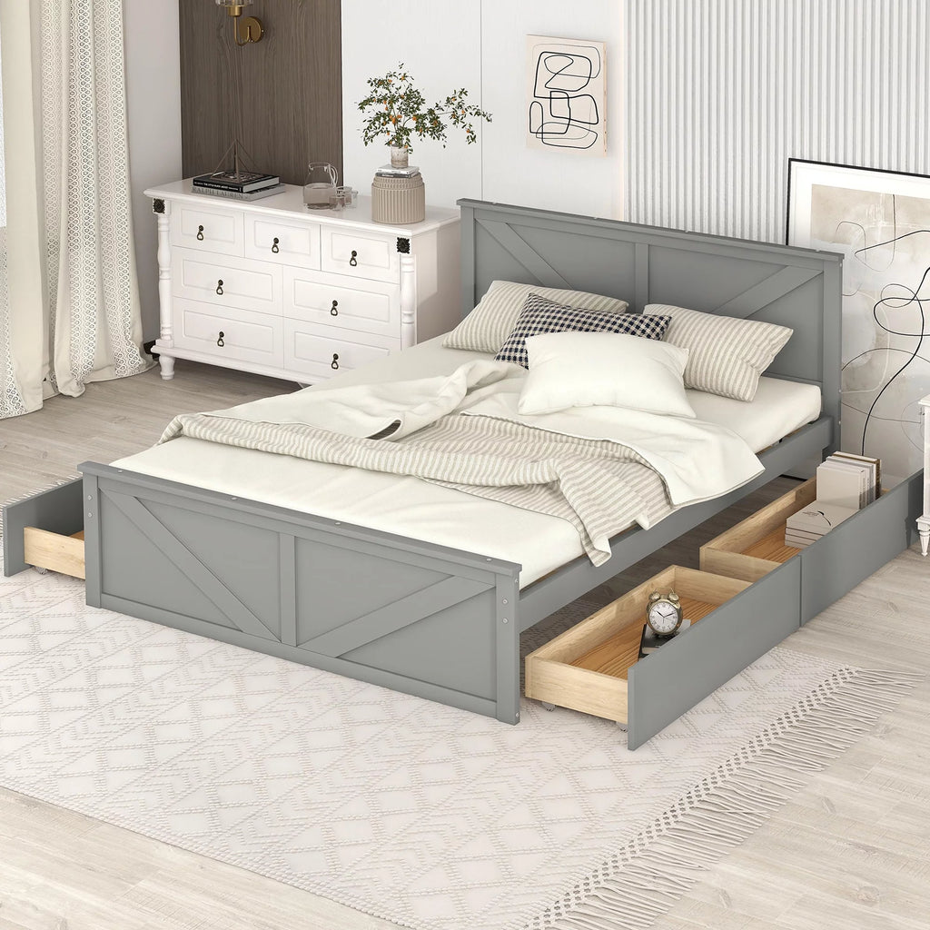 Wood Queen Bed Frame with 4 Storage Drawers P790