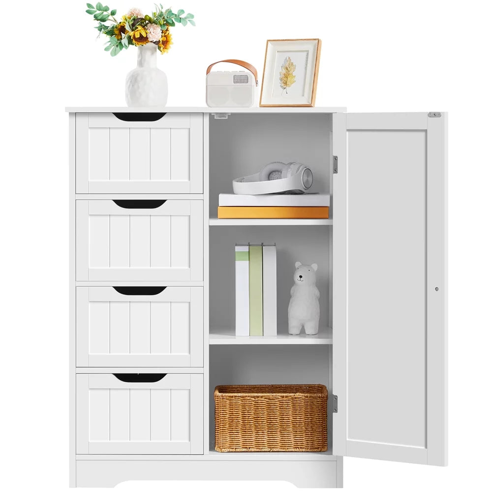 White Wooden Bathroom Floor Cabinet with Drawers and Cupboard E210424