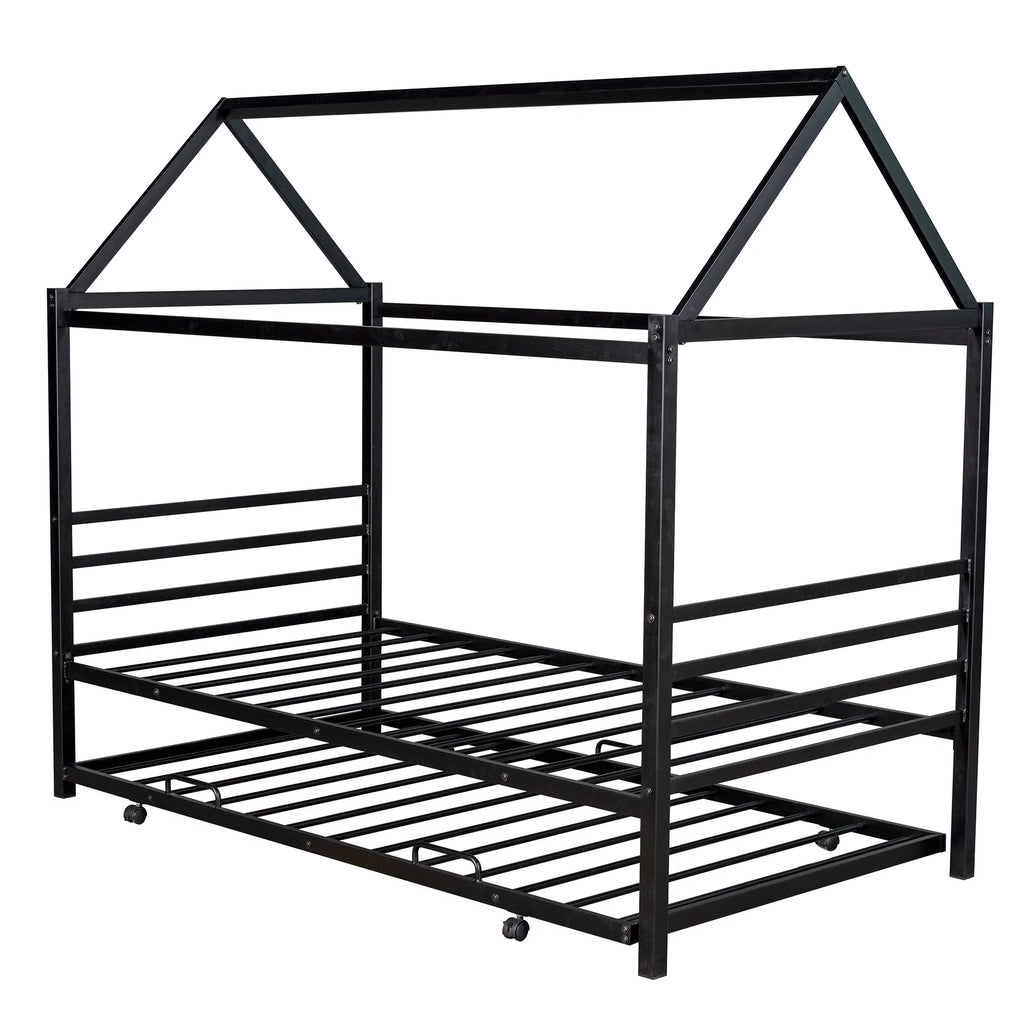 Twin Size Black Metal House Shape Platform Bed with Trundle I2663