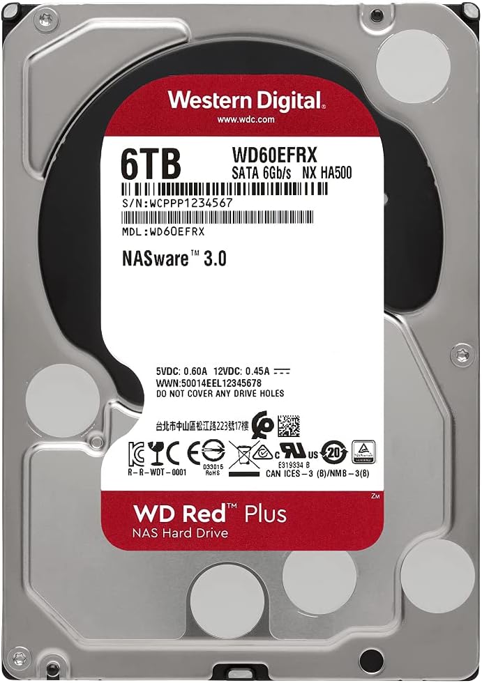 6TB WD Red Plus NAS Internal Hard Drive HDD - 5400 RPM, SATA 6 Gb/s, CMR, 64 MB Cache, 3.5 E42775