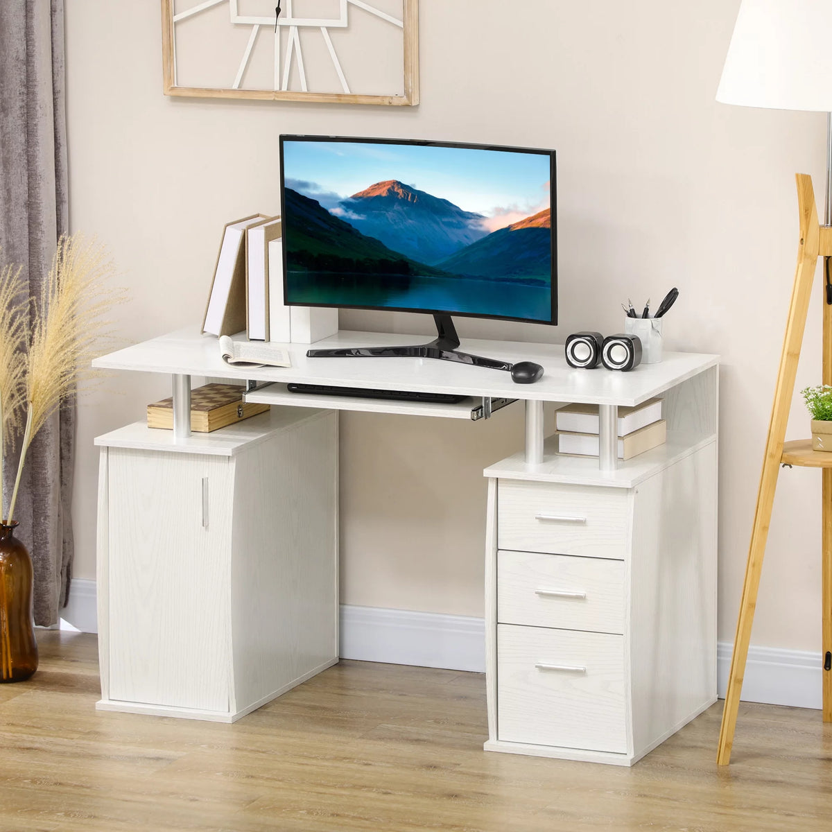 47" White Computer Desk with Keyboard Tray and Storage Drawers K65593