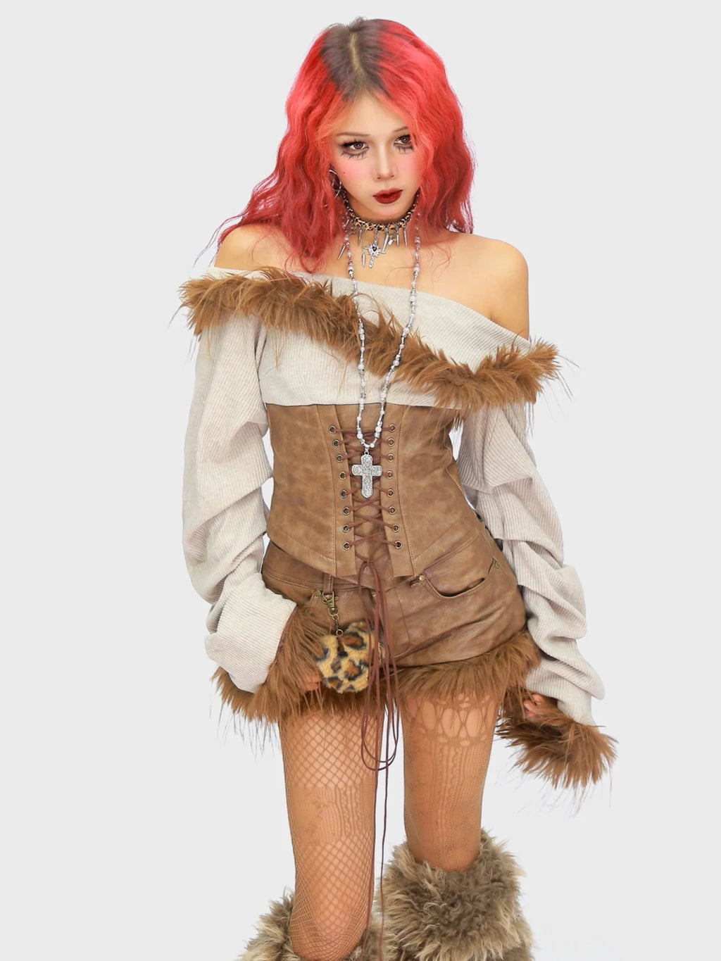 Faux Fur Off-Shoulder Long Sleeve Top + Shorts Set G645