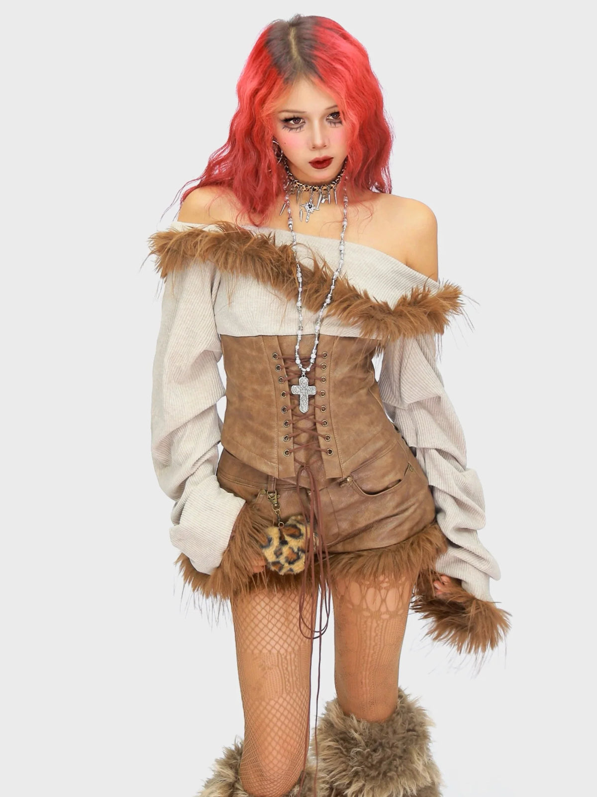 Faux Fur Off-Shoulder Long Sleeve Top + Shorts Set G645