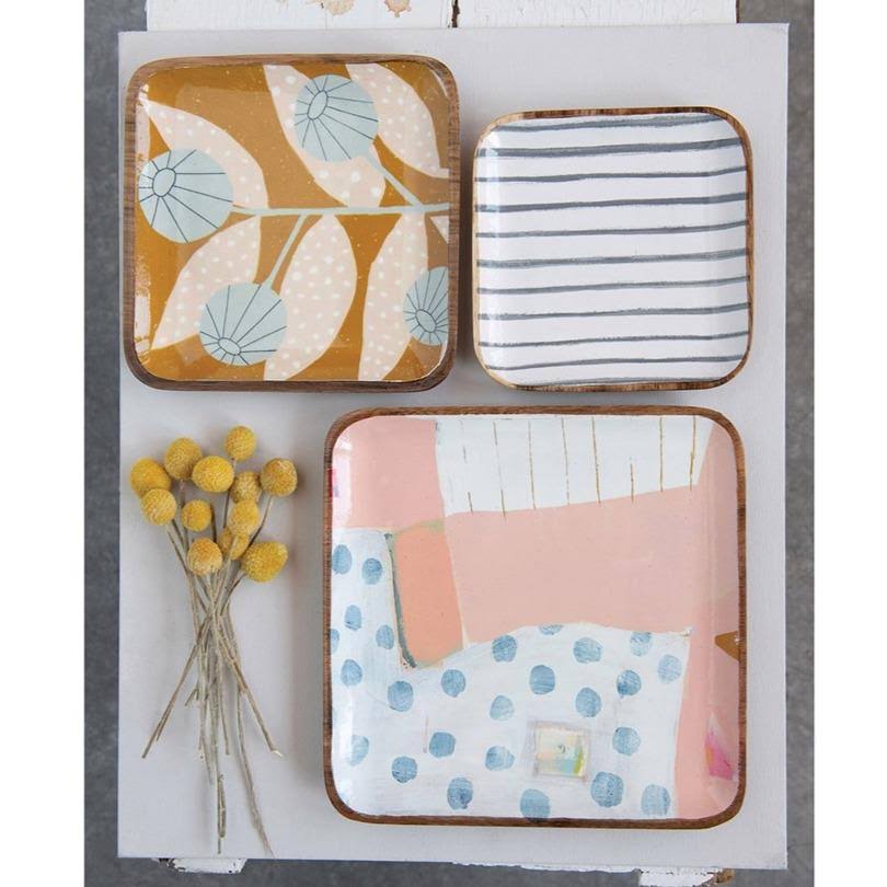 Enameled Acacia Wood Trays Square Set of 3 G5844