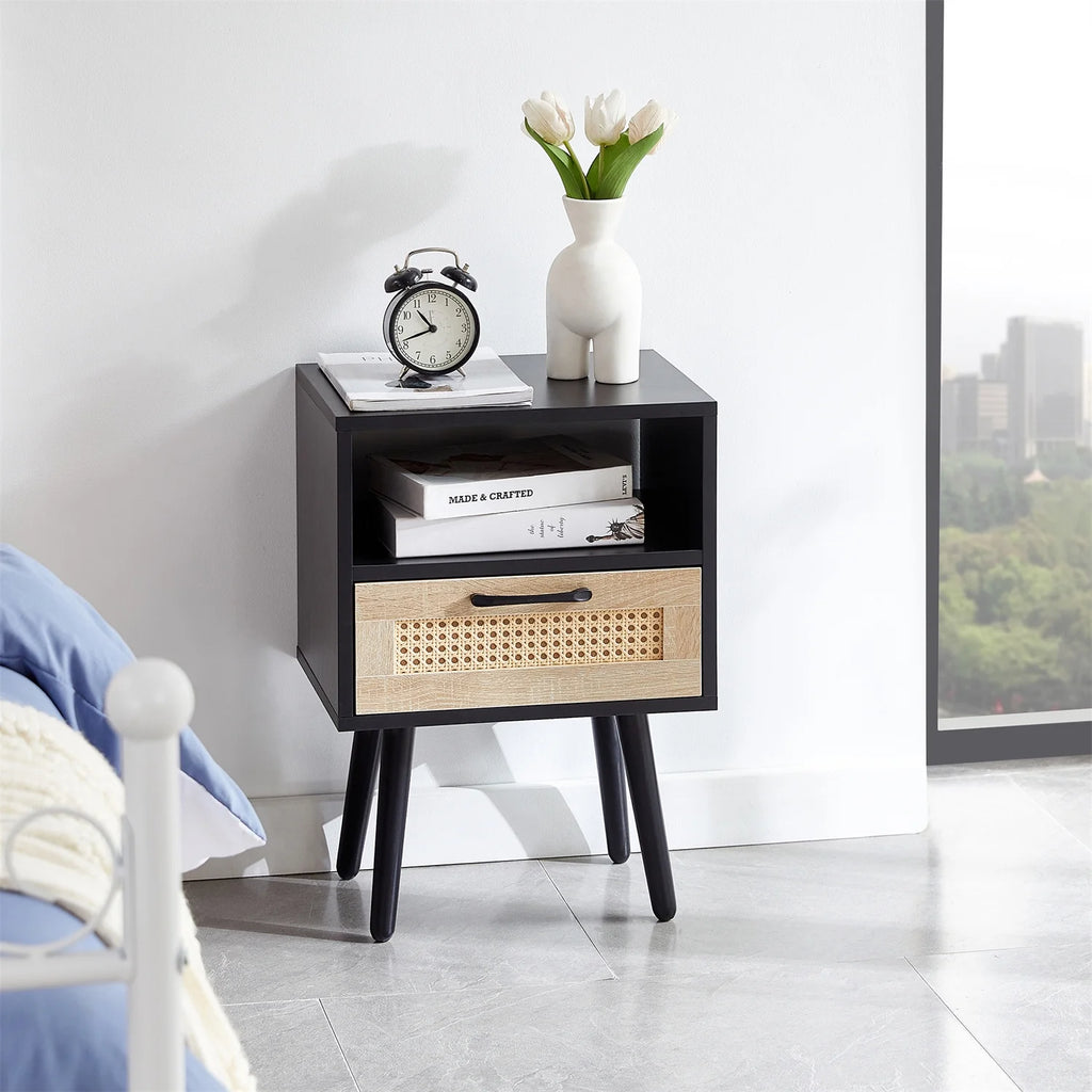 Black Rattan End Table with Drawer and Open Shelf V89170