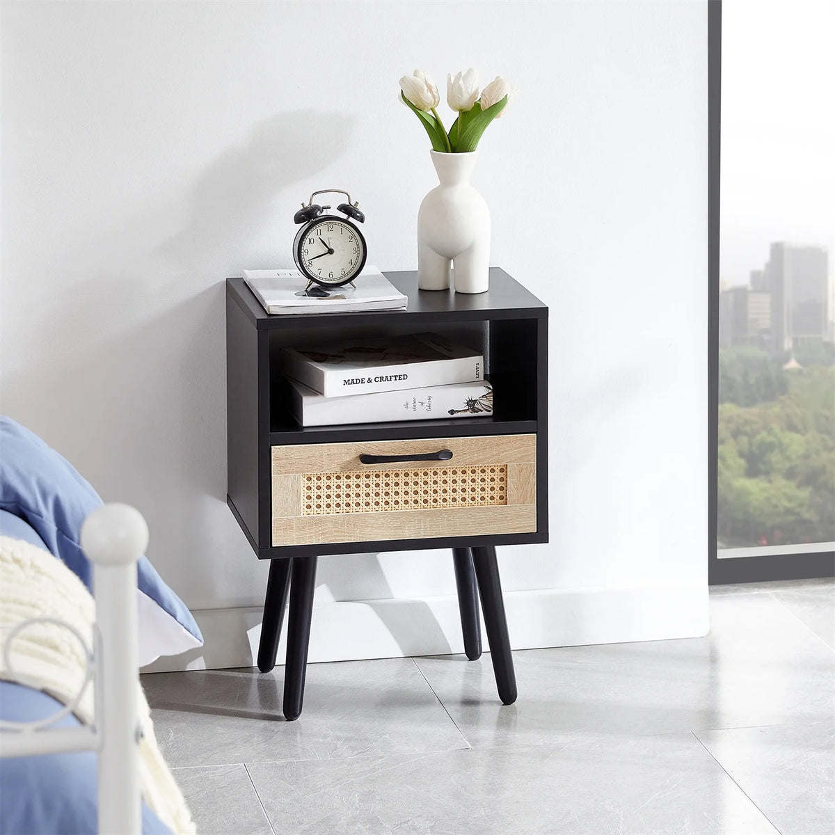 Black Rattan End Table with Drawer and Open Shelf V89170