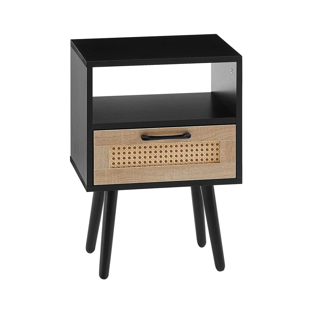 Black Rattan End Table with Drawer and Open Shelf V89170
