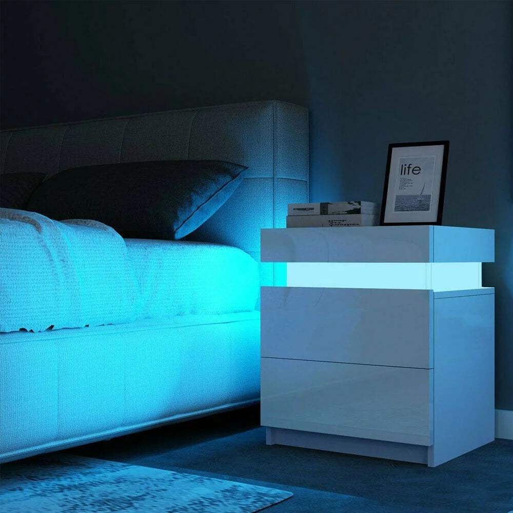 White 2 Drawer High Gloss Nightstand with LED Light P59654