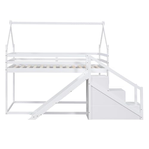 White Twin Over Twin Wood Bunk Bed with Slide and Storage Stairs V3620
