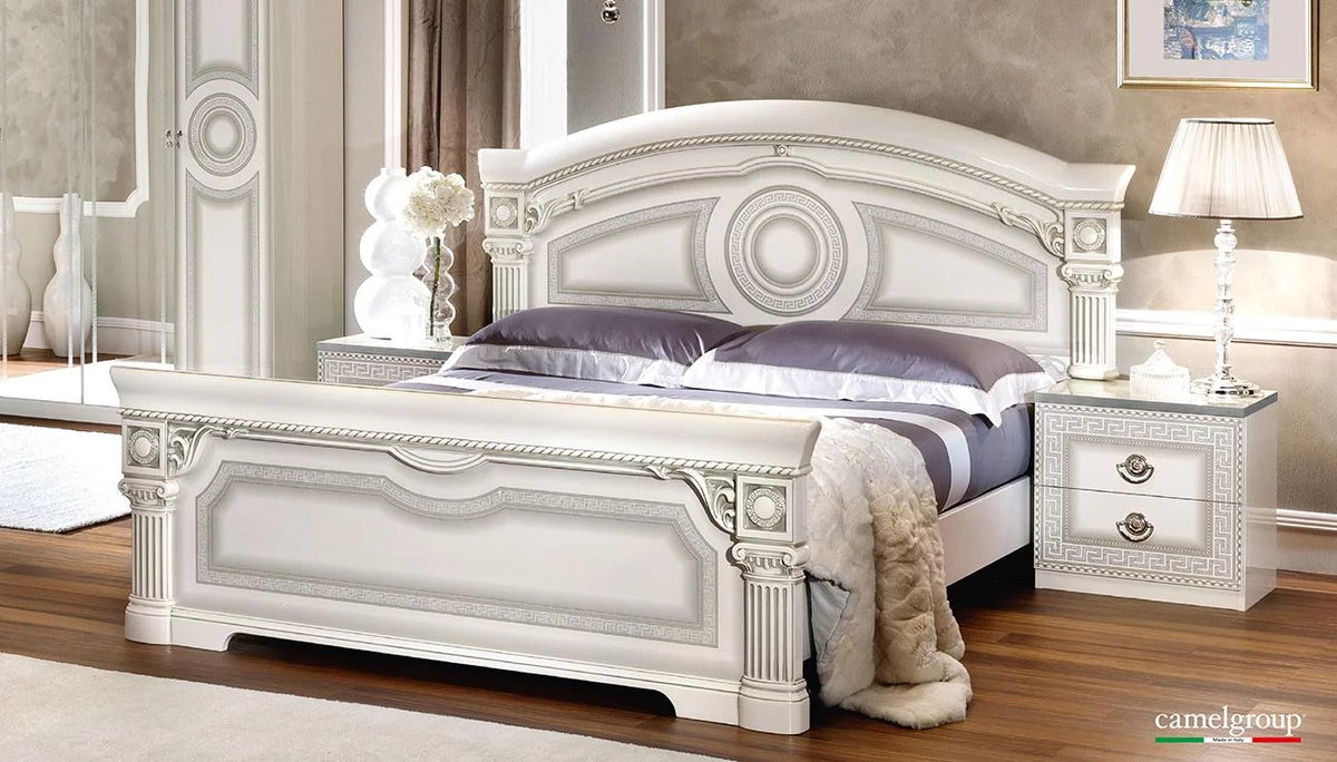 Glossy White Silver Finish King Platform Bedroom Set 3Pcs D654