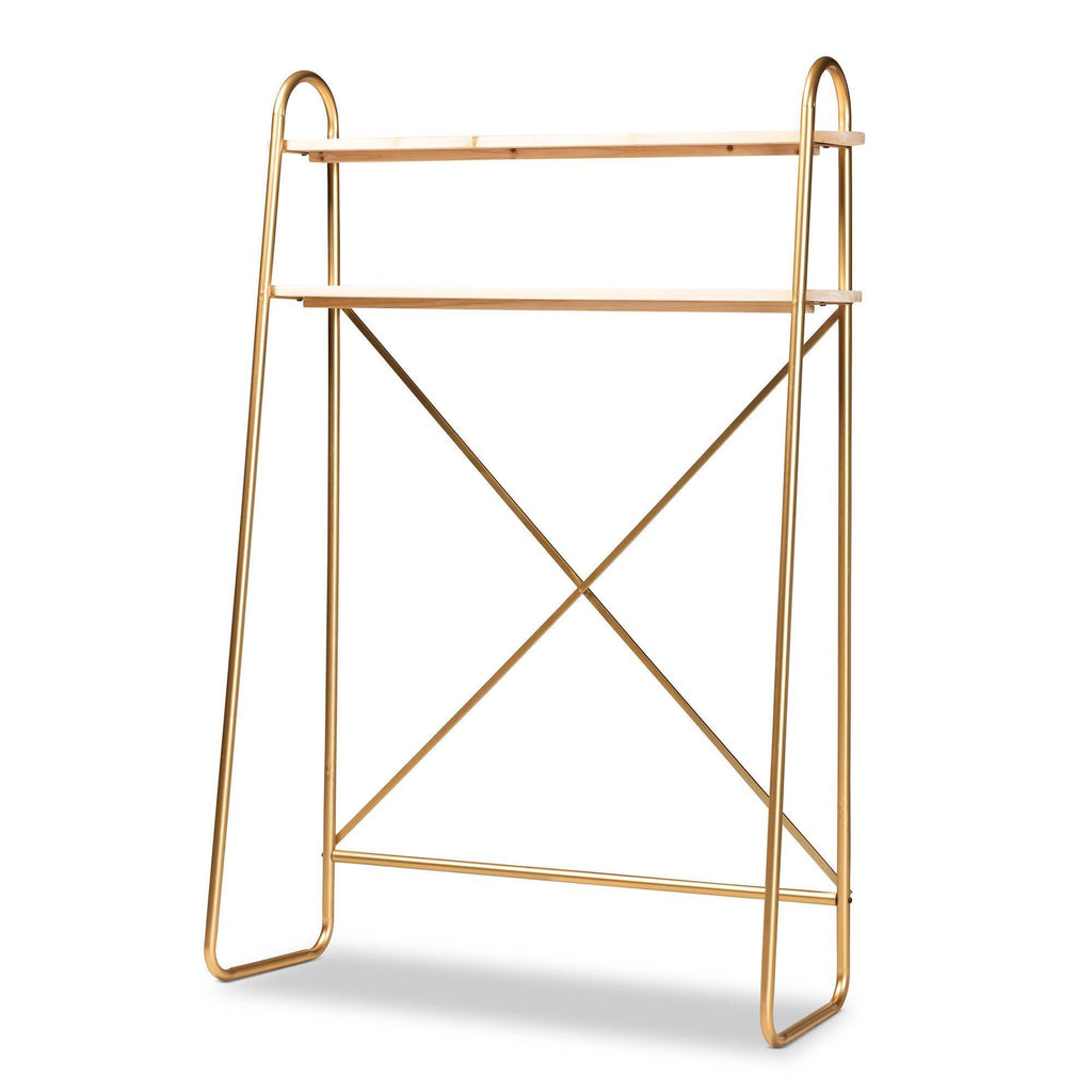 Brushed Gold Finished Metal and Natural Brown Finished Wood 2-Tier Over Bed Twin Size Storage I91843