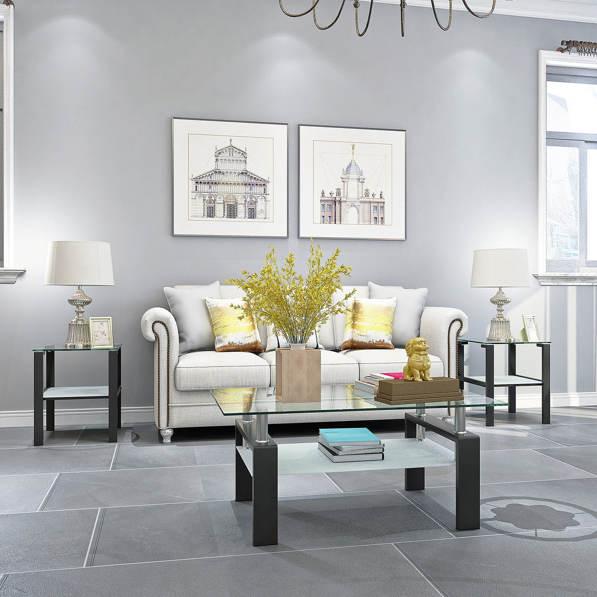 Black Glass Top Metal Frame End Table O7654
