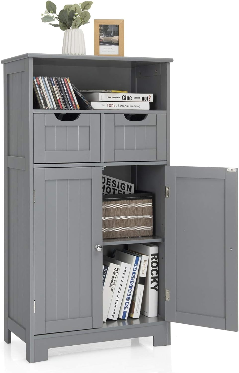 Espresso Bathroom Floor Cabinet with Two Doors and Two Adjustable Drawers O63996