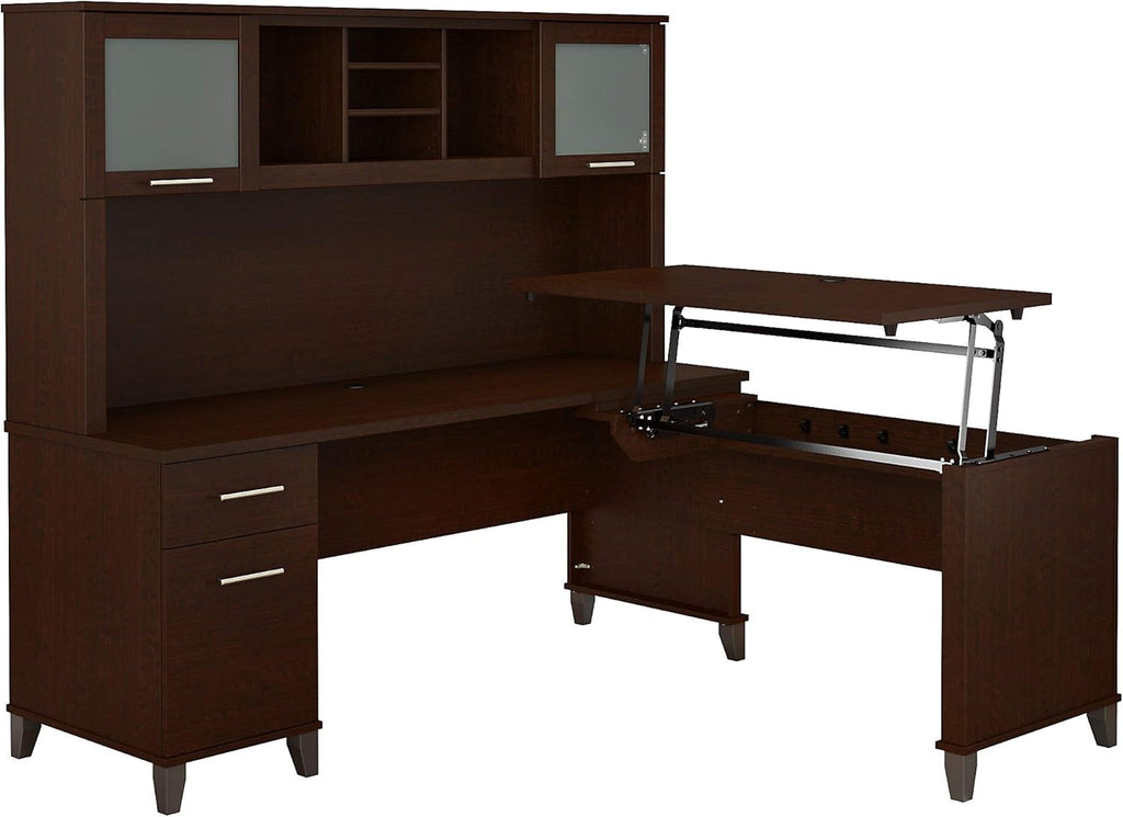 Sit to Stand L Shaped Desk with Hutch in Sand Oak Z282090
