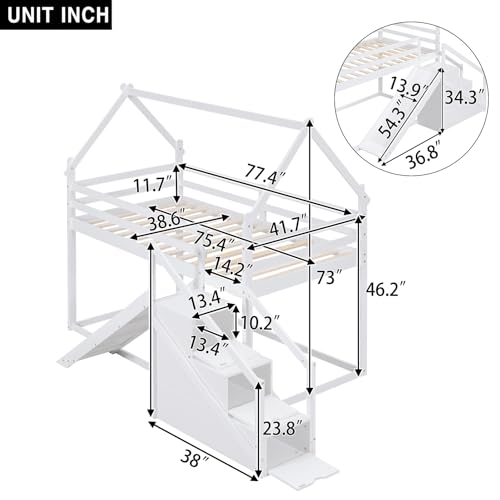 White Twin Over Twin Wood Bunk Bed with Slide and Storage Stairs V3620