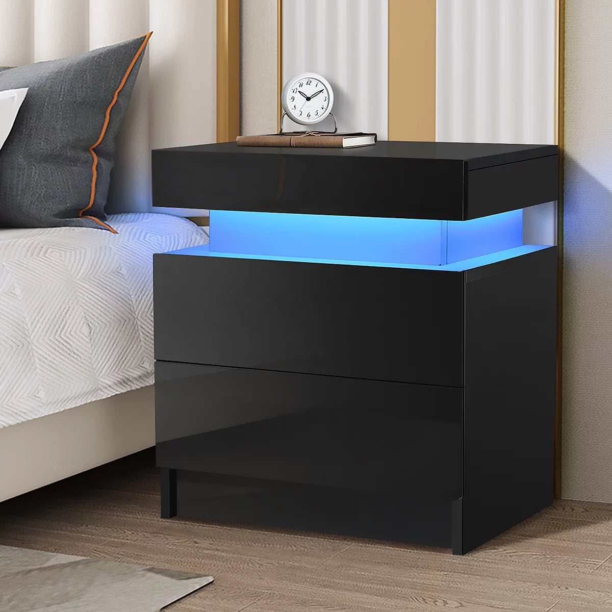 White 2 Drawer High Gloss Nightstand with LED Light P59654
