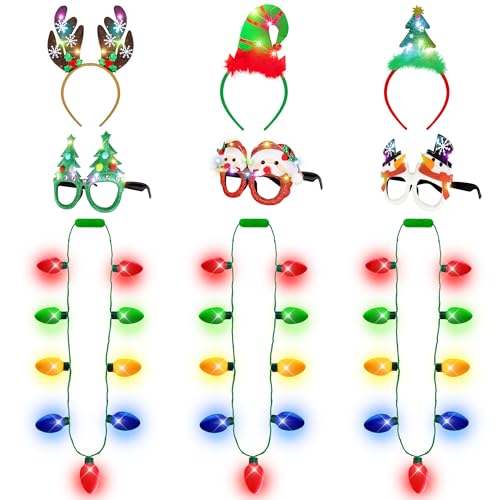 Light Up Christmas Necklace Headband Glasses Set N39085