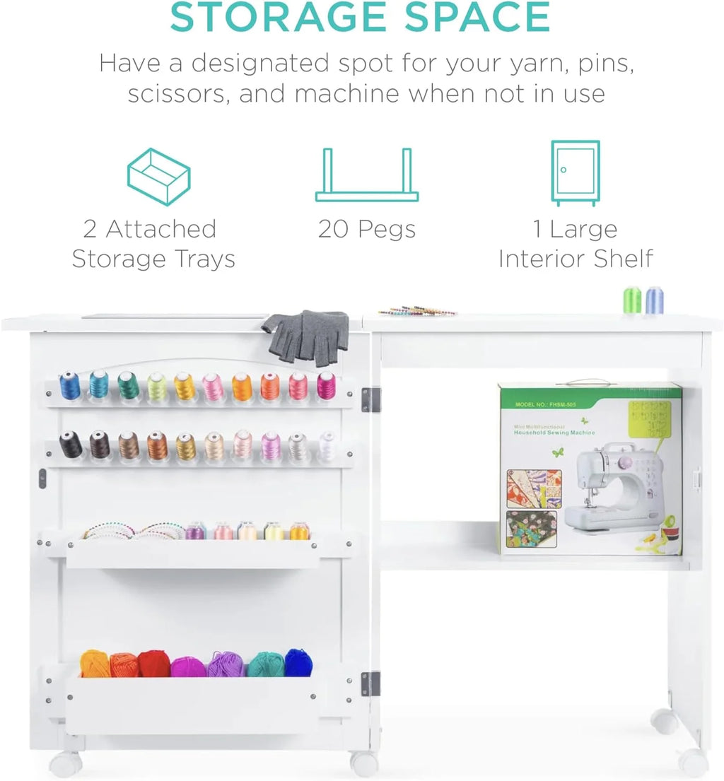 Folding Sewing Table Craft Station with Wheels Shelves Storage Trays O51772