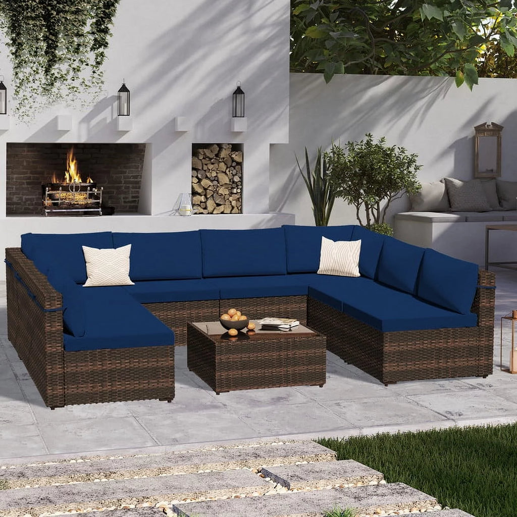9 Piece PE Rattan Patio Furniture Set with Cushion and Glass Table L56653