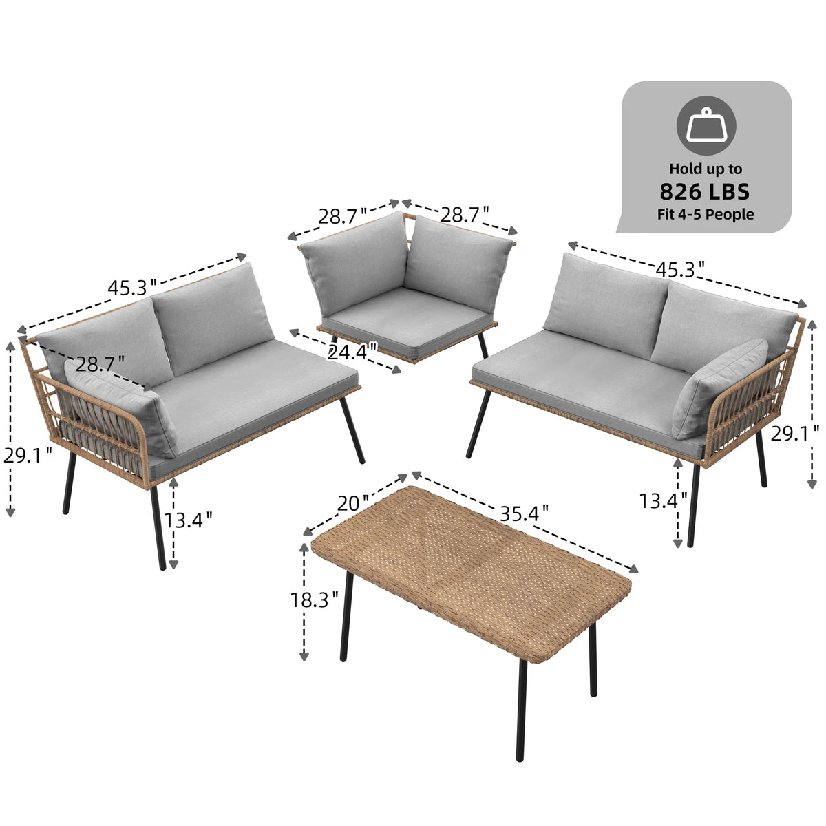 4-Piece Wicker Patio Furniture Set with Cushions and Coffee Table V297