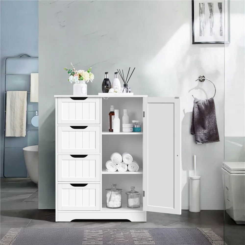 White Wooden Bathroom Floor Cabinet with Drawers and Cupboard E210424