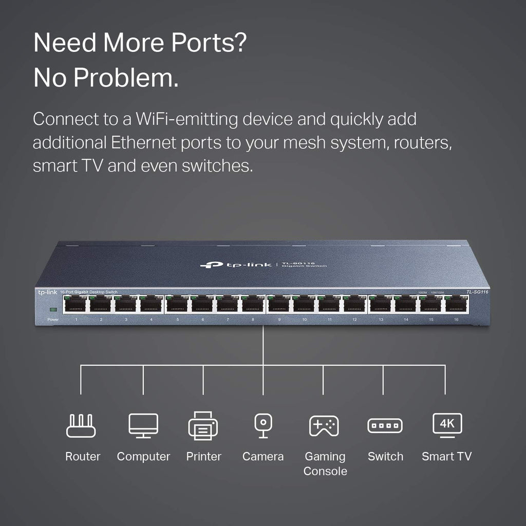 16 Port Gigabit Ethernet Network Switch, Fanless Metal, Pack of 2 K505437