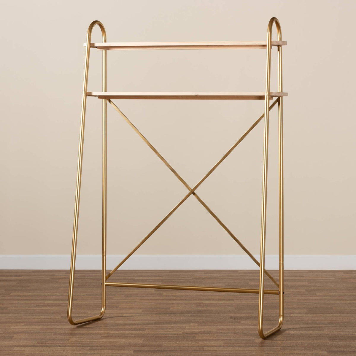Brushed Gold Finished Metal and Natural Brown Finished Wood 2-Tier Over Bed Twin Size Storage I91843