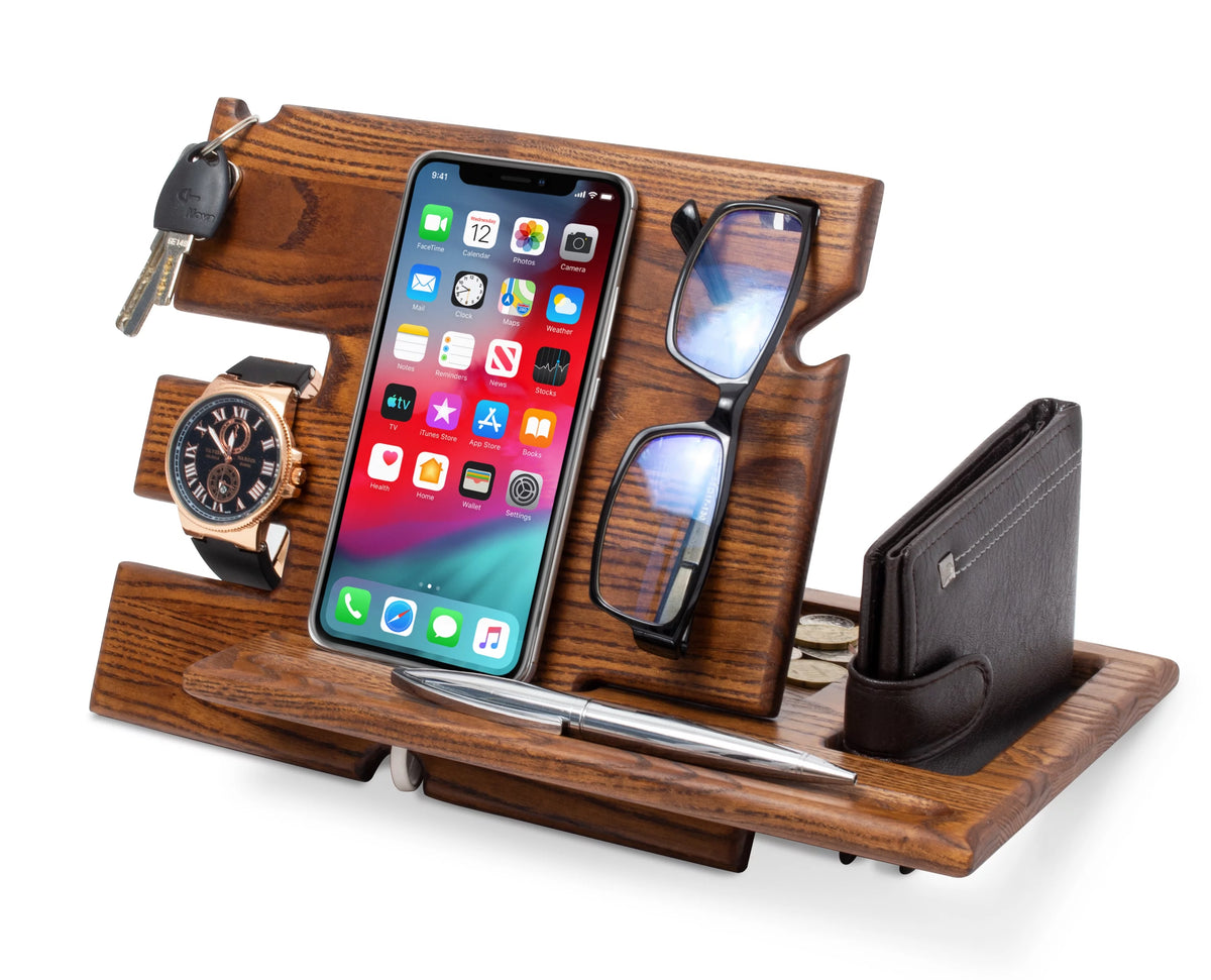 Wood Phone Docking Station Key Holder Wallet Stand Watch Organizer H640545