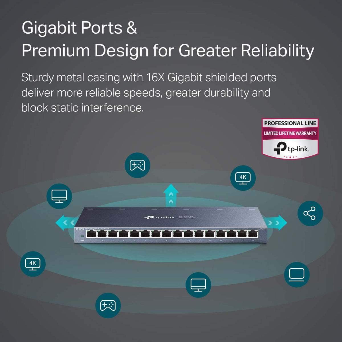 16 Port Gigabit Ethernet Network Switch, Fanless Metal, Pack of 2 K505437