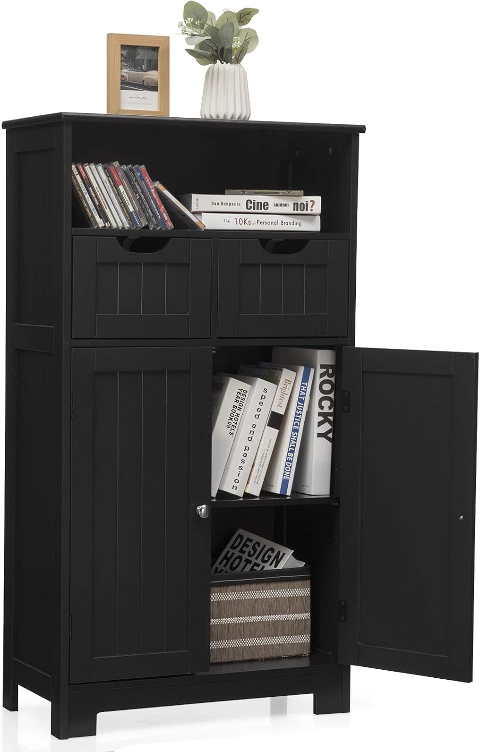 Espresso Bathroom Floor Cabinet with Two Doors and Two Adjustable Drawers O63996